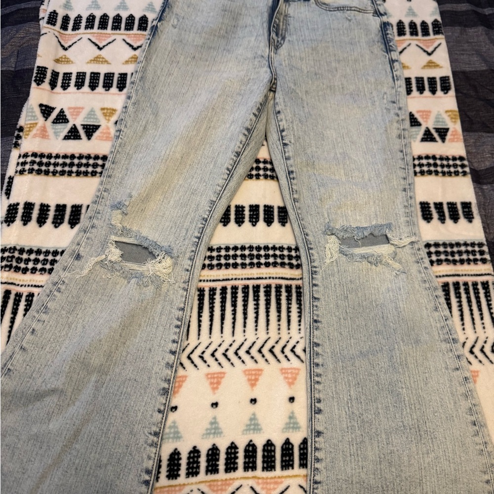 Trendy Light Blue Distressed Flare Jeans